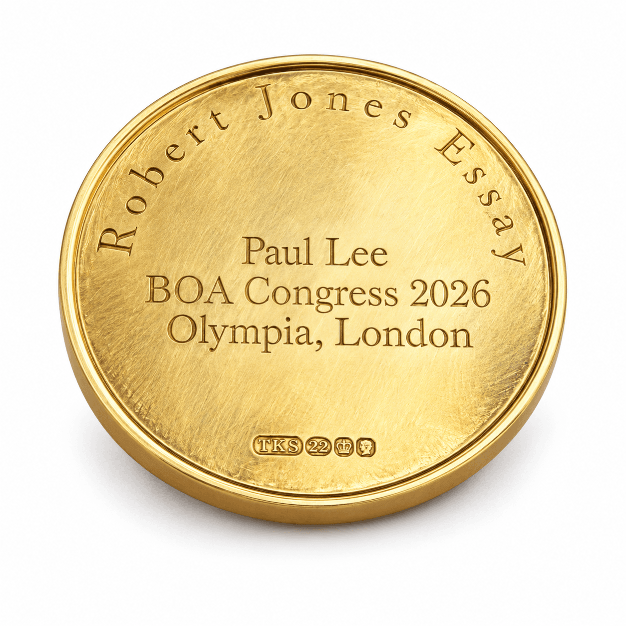 Reverse of Professor Paul Lee's Robert Jones Medal, inscribed with his name and BOA Congress 2026